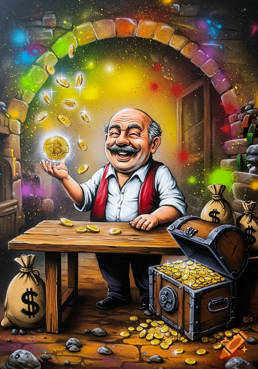 A happy cartoon man with a mustache holds a glowing Bitcoin, surrounded by floating coins and a treasure chest in vibrant spray paint art.