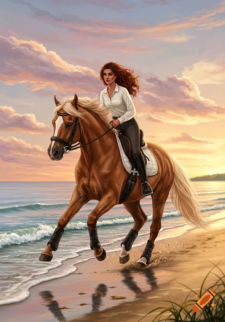 A brown-haired woman in a white shirt rides a palomino horse at a gallop on a sandy beach during sunset.