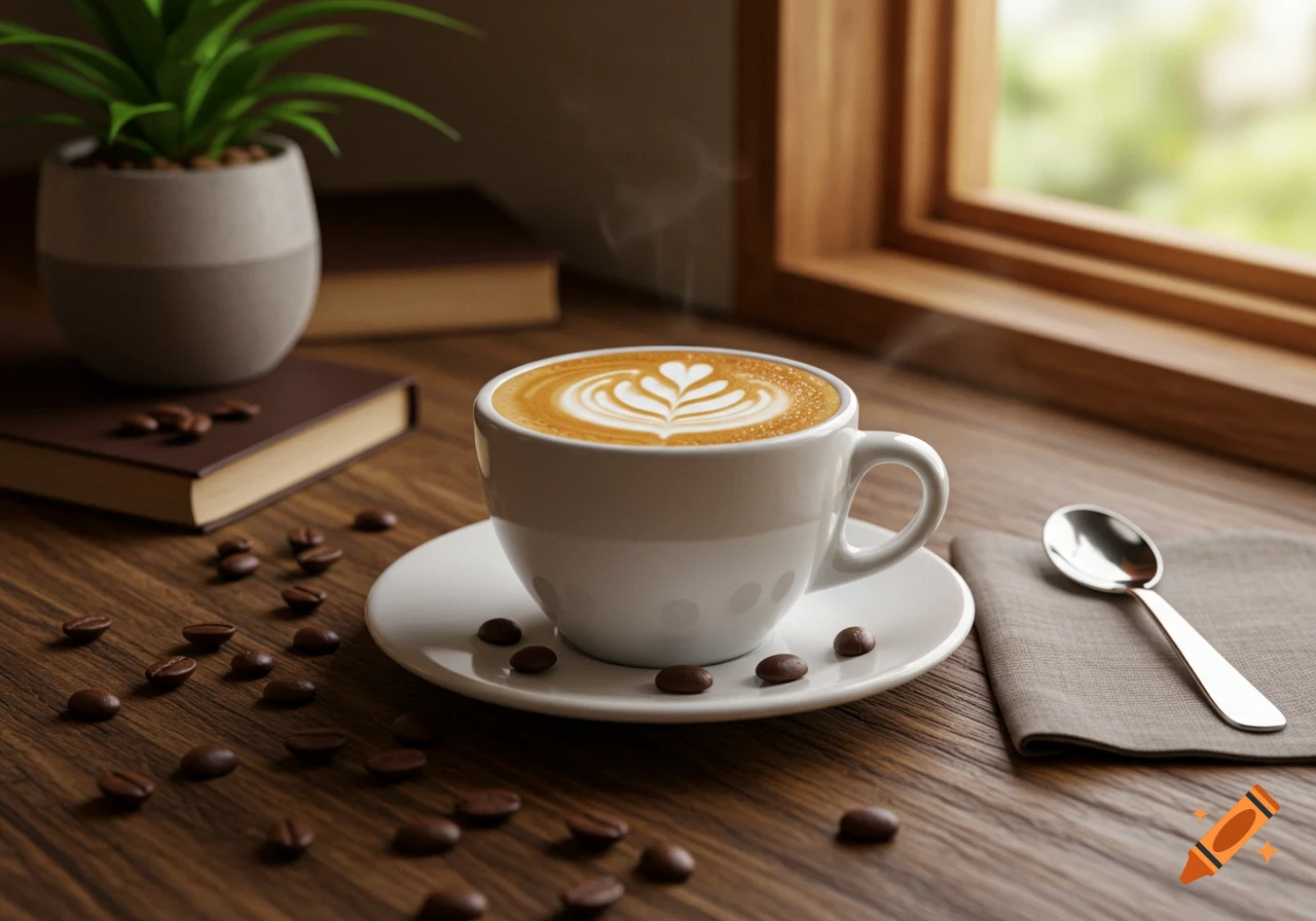 A steaming cup of latte with intricate foam art sits on a wooden table with coffee beans, books, and a spoon, by a sunlit window.