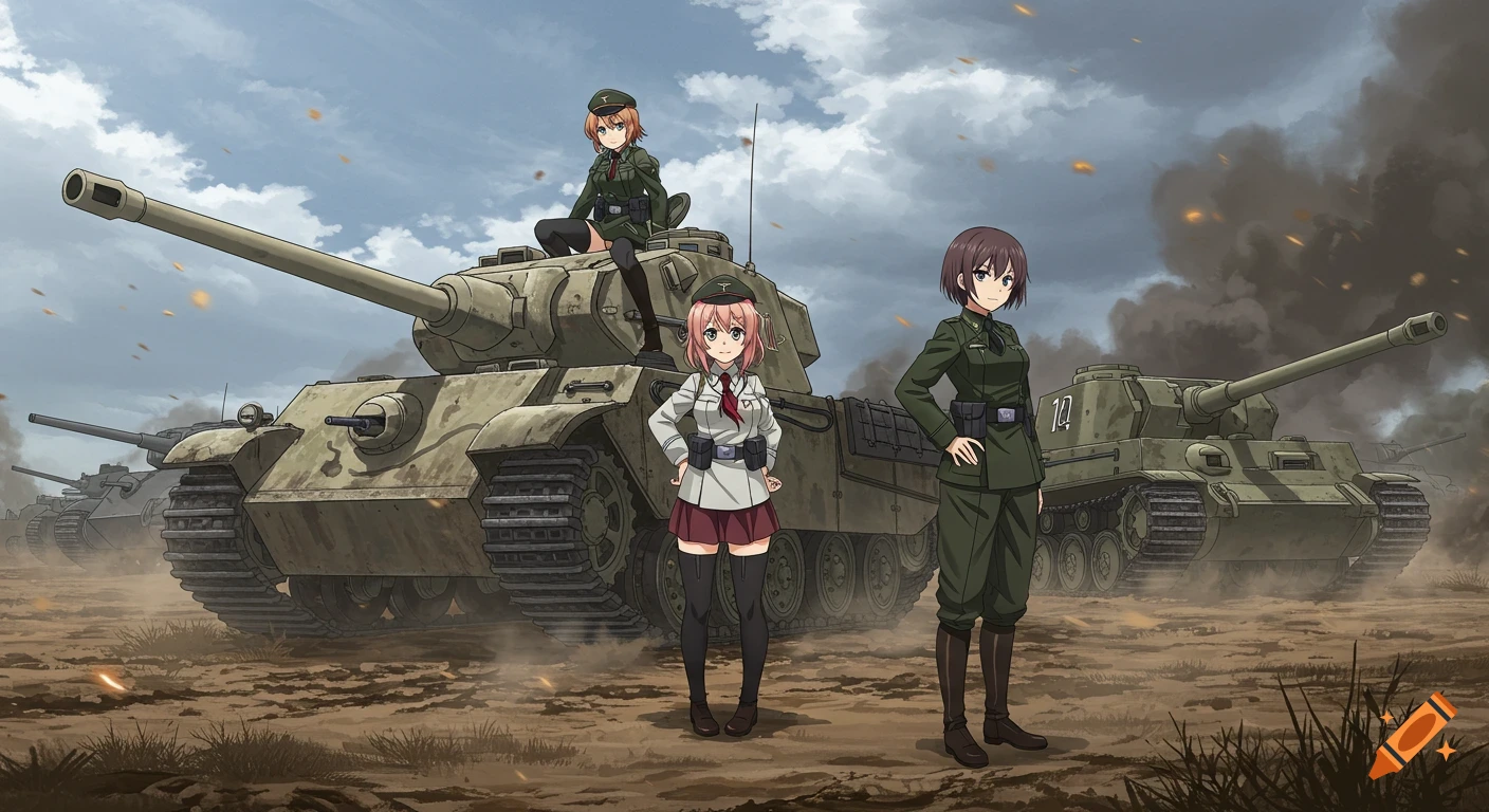 Three anime girls in military uniforms pose with tanks on a smoky battlefield under a cloudy sky.