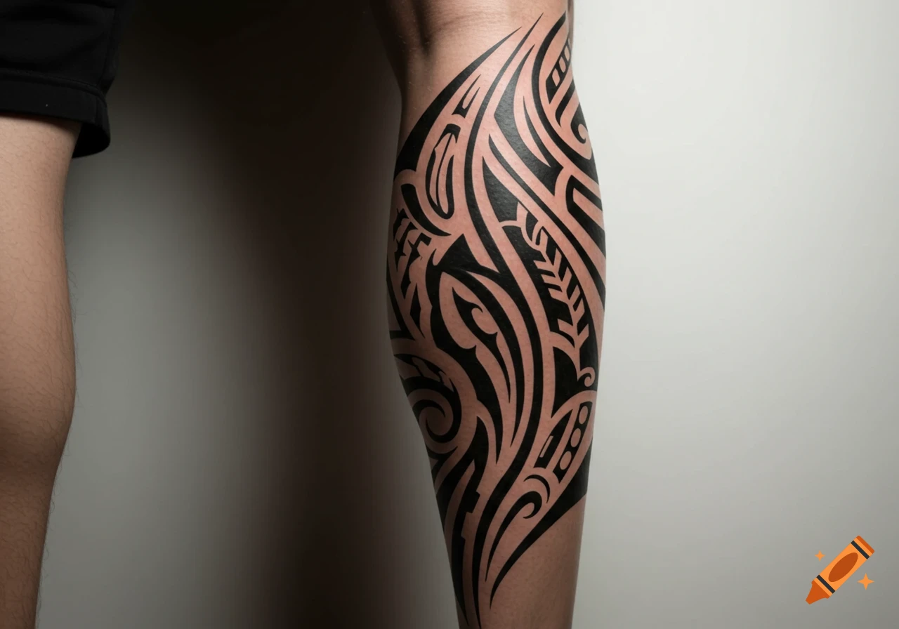 Close-up of a male leg showcasing a large, intricate blackwork tribal tattoo against a plain background.