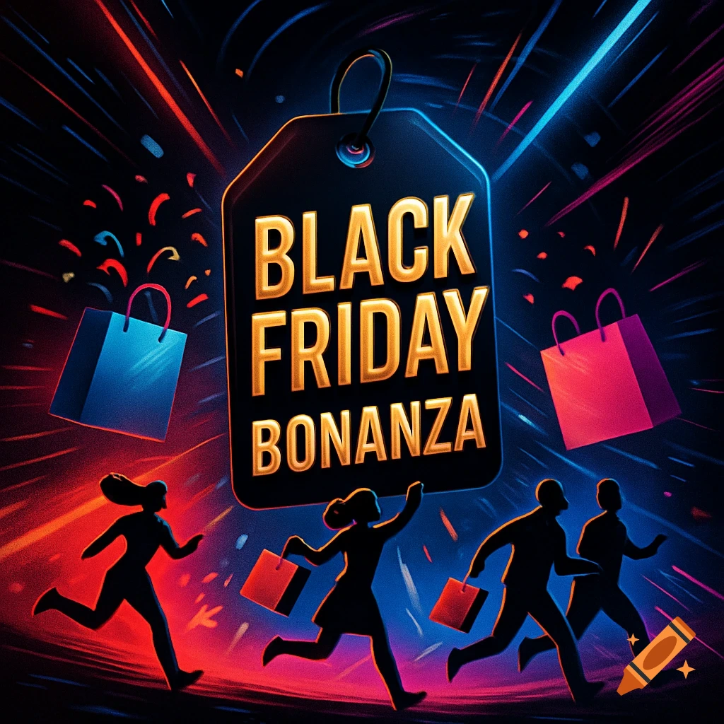 A neon-lit Black Friday promo image with a large 'BLACK FRIDAY BONANZA' tag, confetti, shopping bags, and silhouettes of people running.