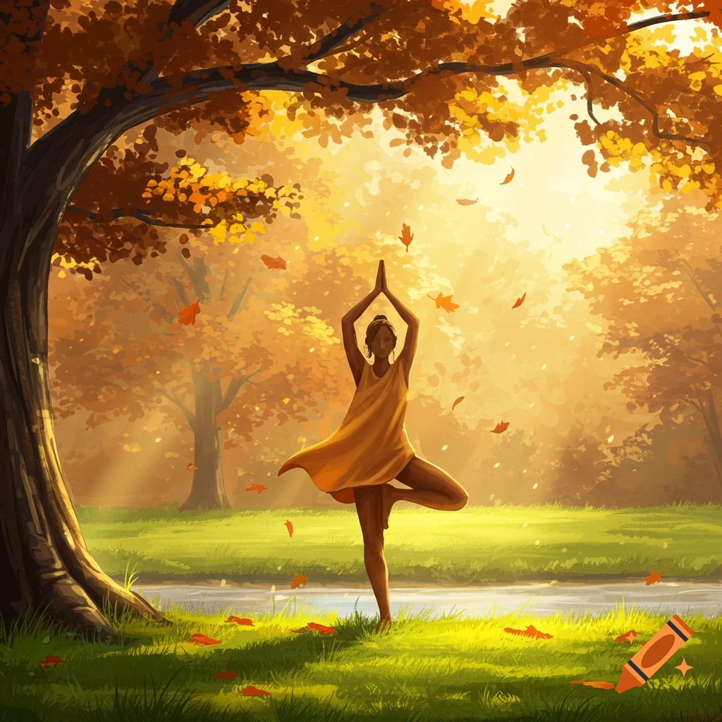 A woman in an orange dress practices yoga in a sunlit autumn forest by a stream, with falling orange leaves.