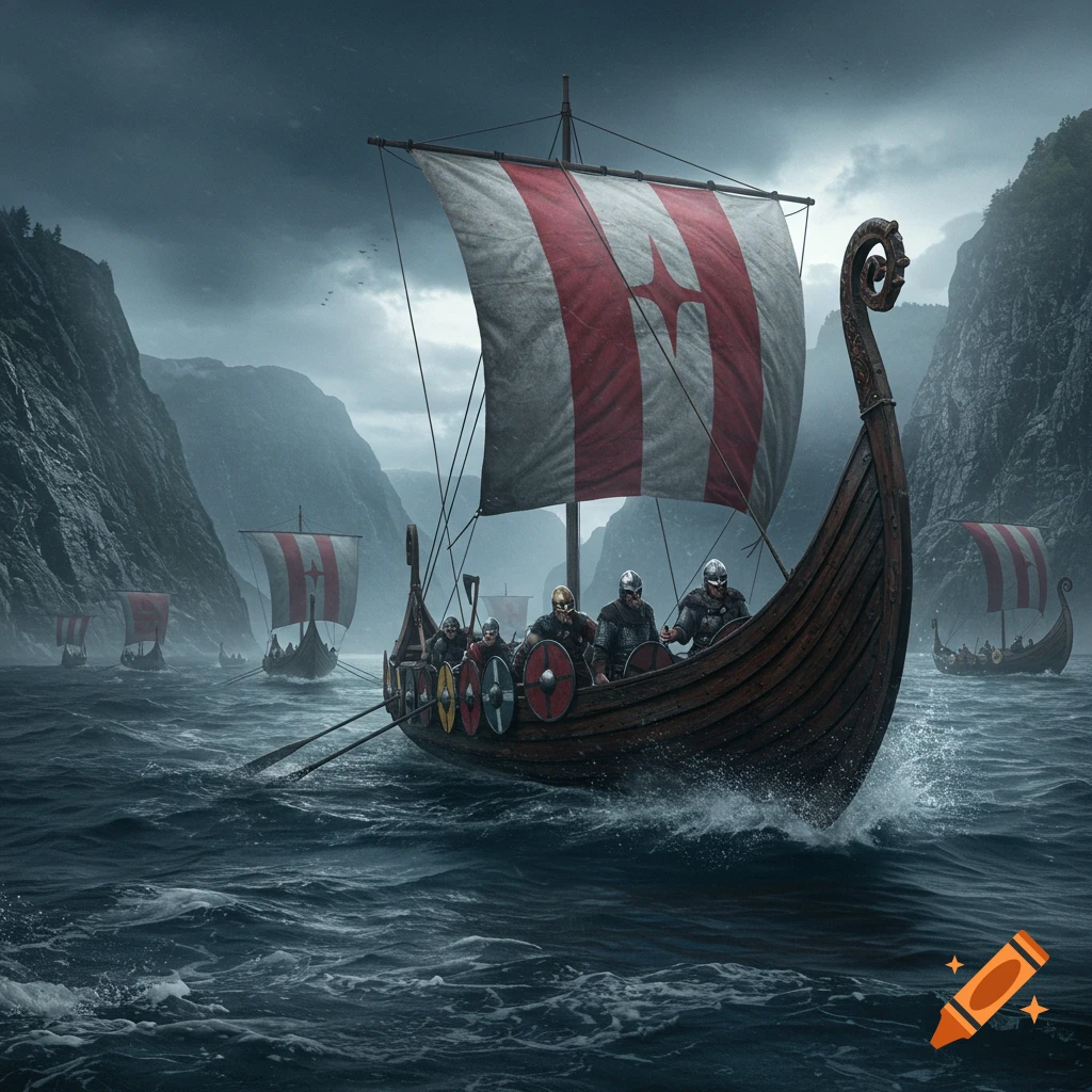 A fleet of Viking longships with warriors sailing through stormy waters past rocky fjords under a dark sky.