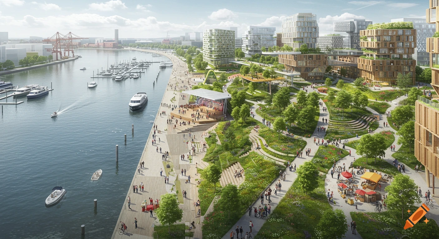 An aerial view of a futuristic, green city harbor with modern buildings, parks, an open-air stage, and boats.