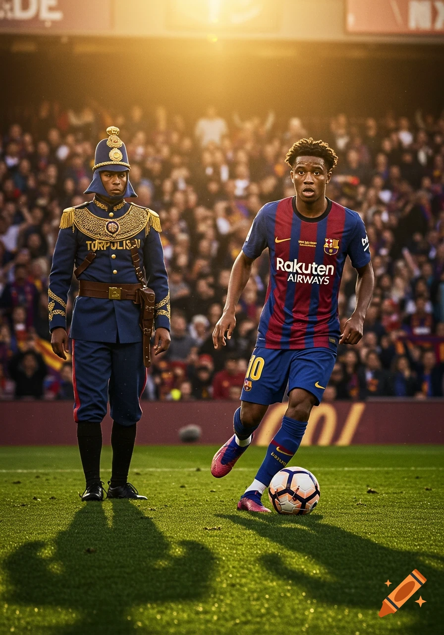 A soccer player in a blue and red striped jersey dribbles a ball next to a person in a detailed blue and gold ceremonial uniform on a sunlit field, with a stadium crowd in the background.