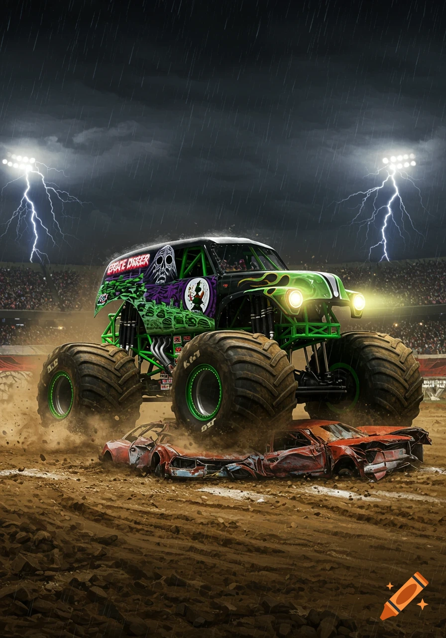 The Grave Digger monster truck crushes a red car in a muddy stadium during a lightning storm at night.
