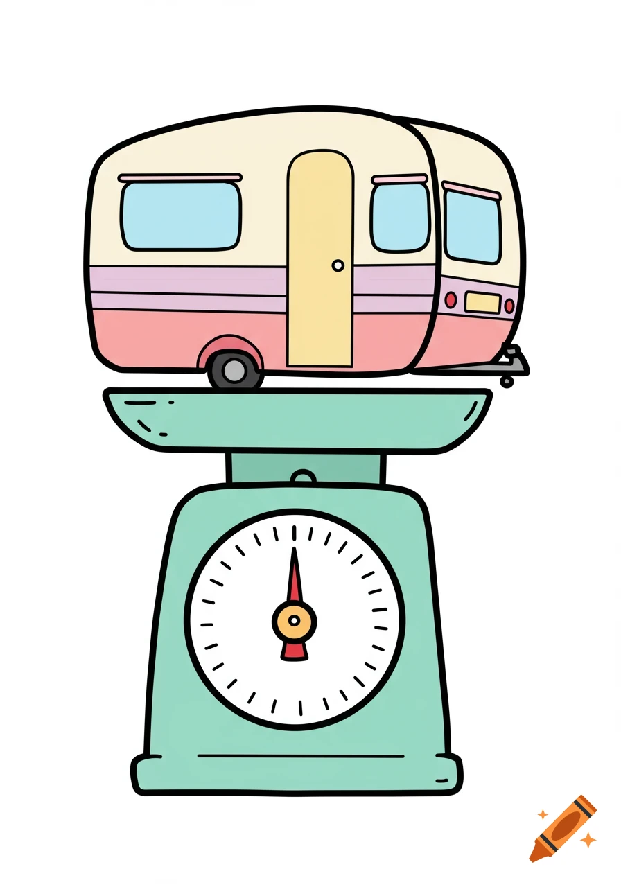 A cartoon-style illustration of a pink and cream caravan sitting on a teal kitchen scale with a red needle.