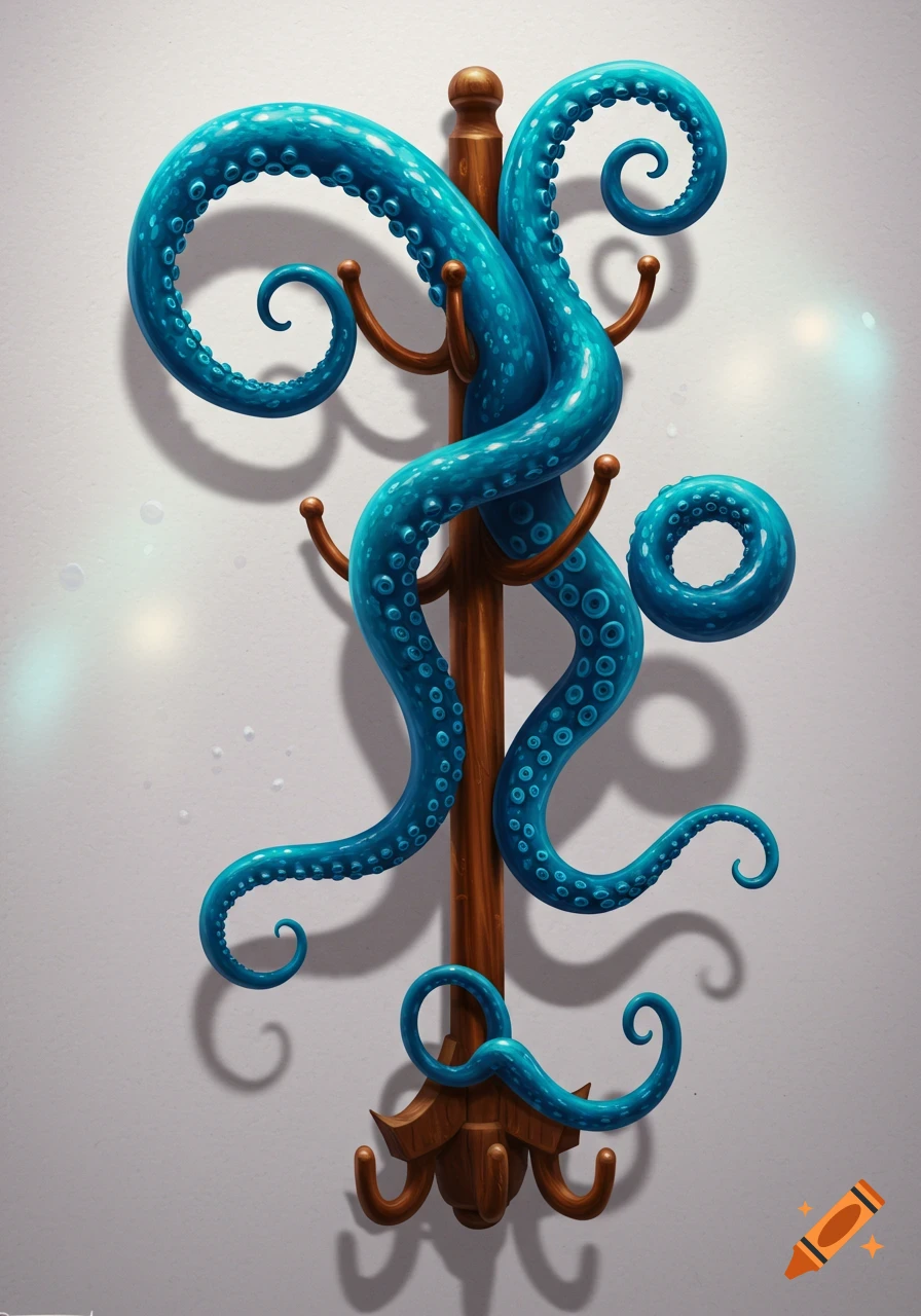 Blue octopus tentacles with suckers coiled around a wooden coat rack, depicted in a detailed, illustrative style.