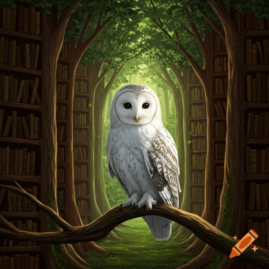 A white barn owl perches on a tree branch within a mystical forest library, with tall bookshelves integrated into tree trunks and lush green foliage.