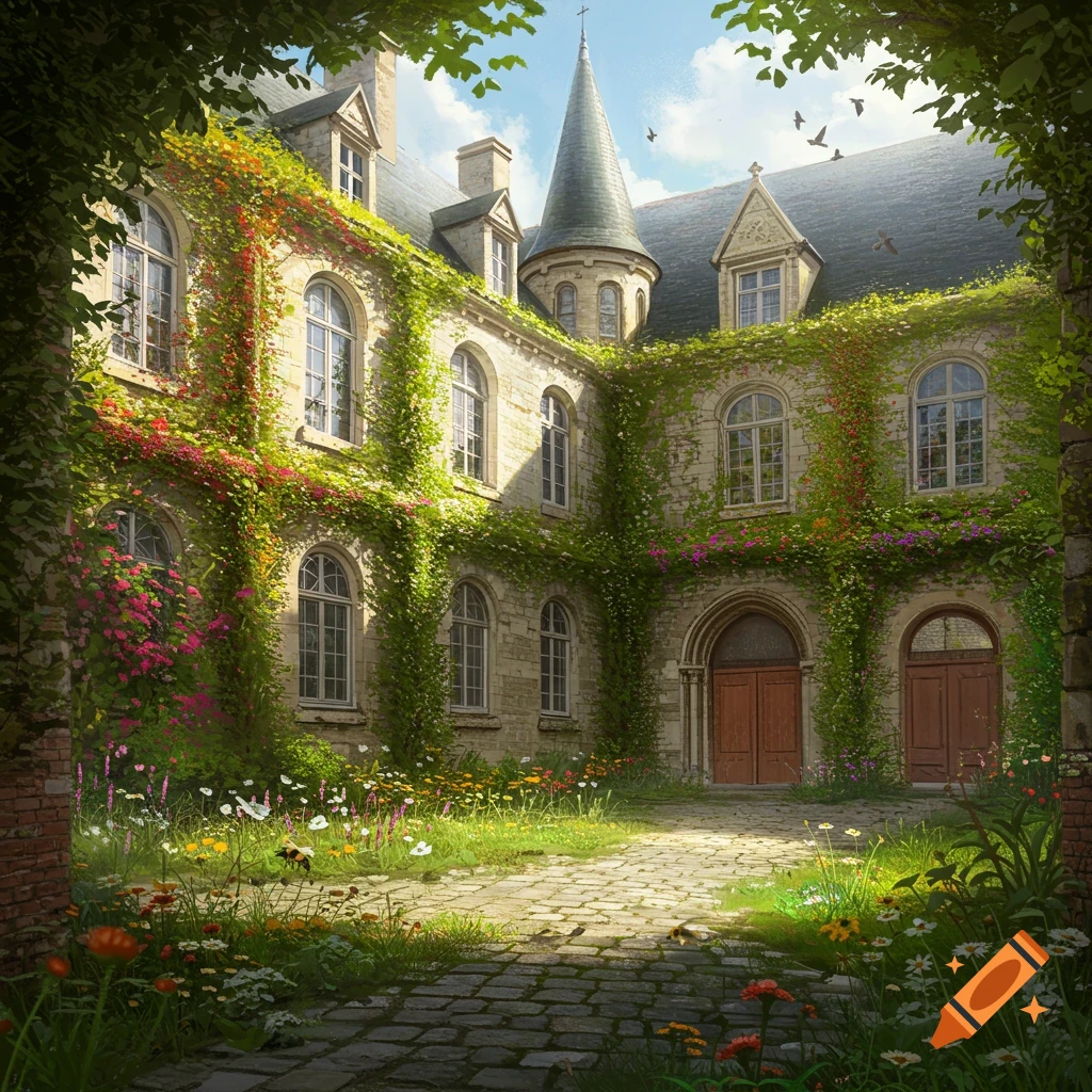 A sunlit stone building covered in lush green ivy and colorful flowers, seen from a charming courtyard with a cobblestone path.