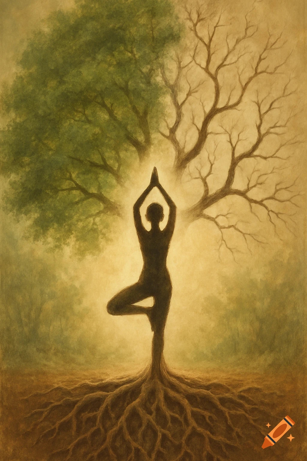 Painterly illustration of a person in yoga tree pose, silhouetted against a dual tree, half leafy and half bare, with roots below.