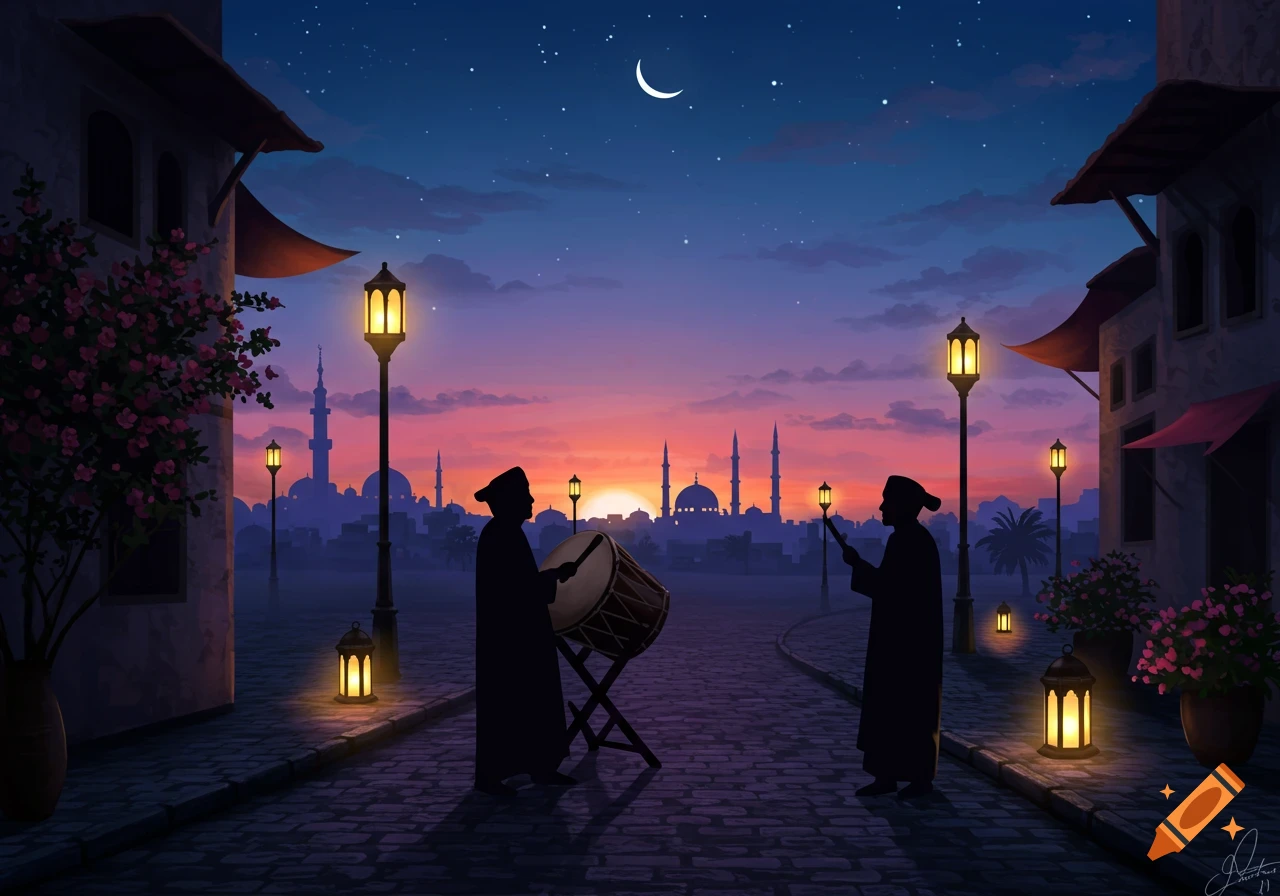 Two silhouetted figures play drums on a cobblestone street with glowing lanterns, set against a vibrant sunset over a city skyline with mosques.