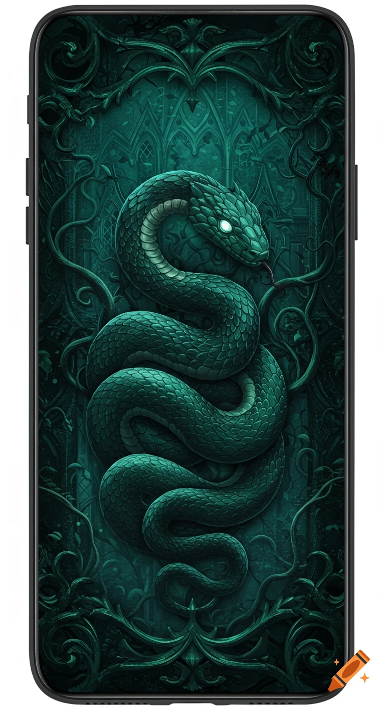 A large green snake with glowing eyes coiled on a dark, ornate gothic-style background, framed as a phone wallpaper.