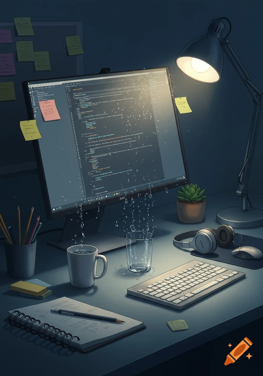 An anime-style programmer's desk at night with a tilted monitor displaying code, water dripping from the screen into a mug and glass. A lamp illuminates the keyboard, headphones, and a notebook.