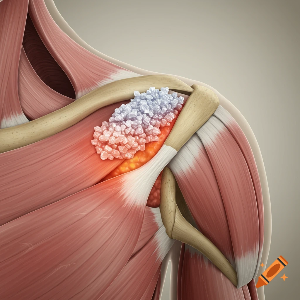 3D medical illustration of a human shoulder joint depicting calcifications and inflammation in the supraspinatus tendon area.