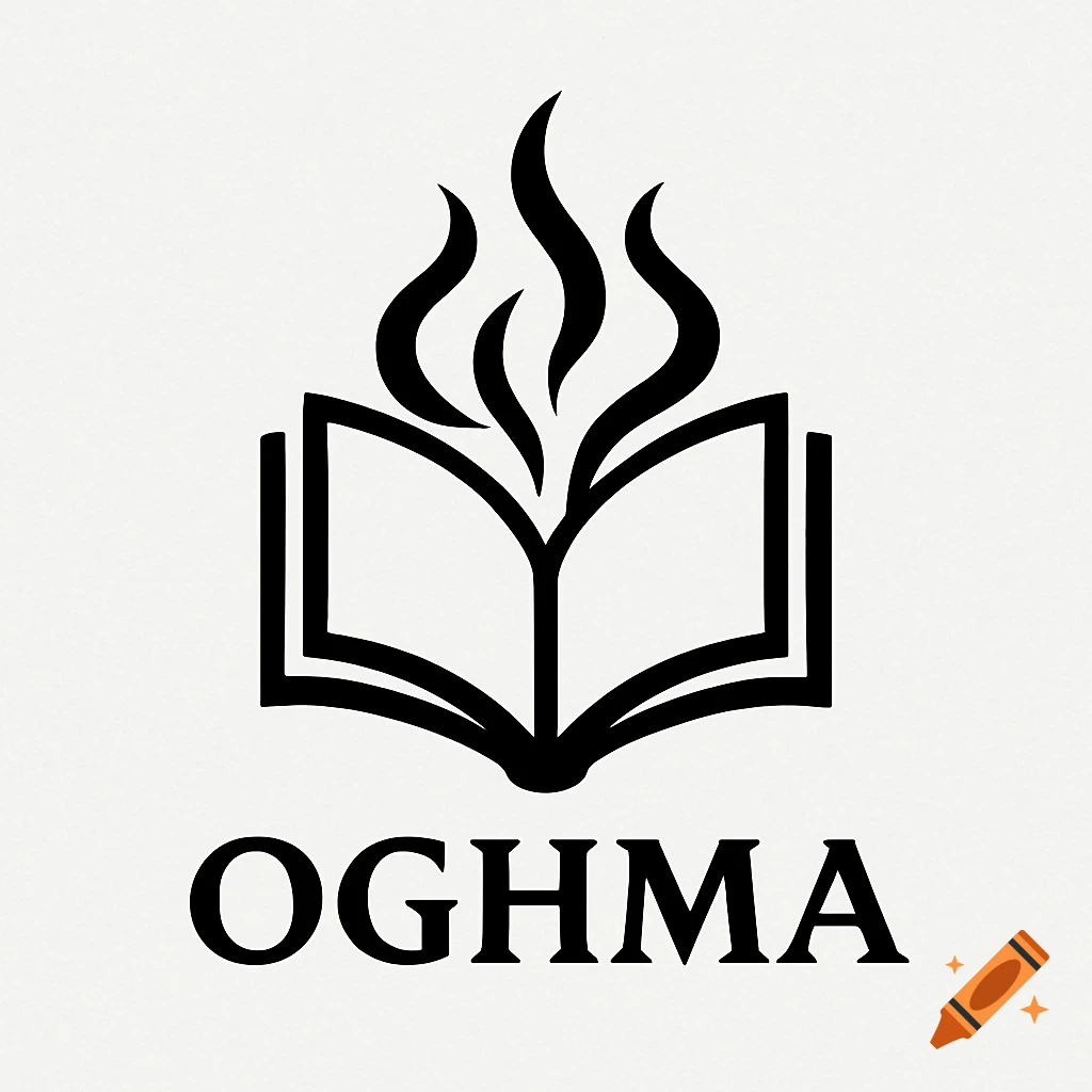 Monochrome logo featuring an open book with stylized flames rising from its center, with the text OGHMA below.