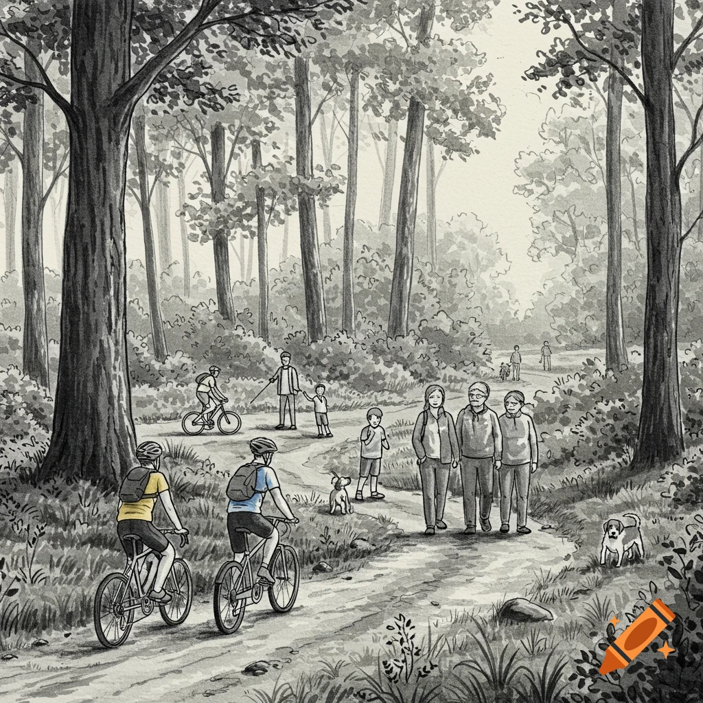Black and white illustration of people cycling, walking, and playing with dogs on a winding path through a dense forest.