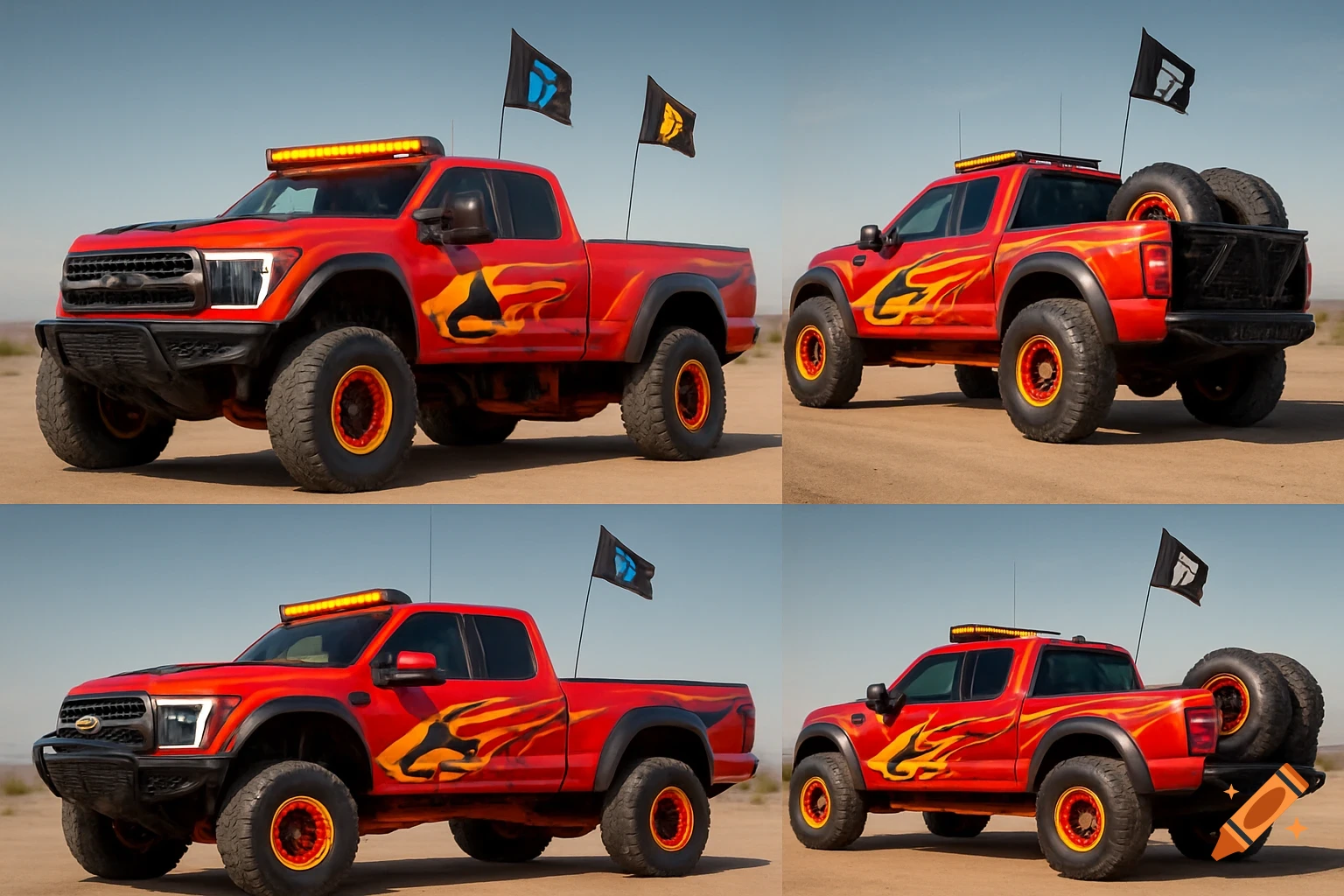 A quad-panel image showing a red off-road pickup truck with flame decals, an amber light bar, and two flags in a desert setting.