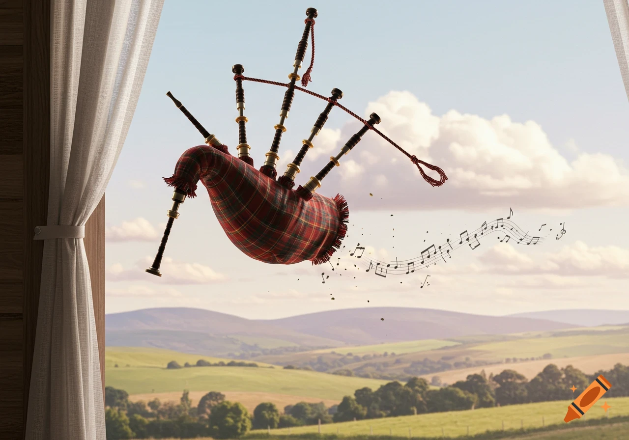 A red plaid bagpipe floats out a window, emitting musical notes over a green, hilly landscape.