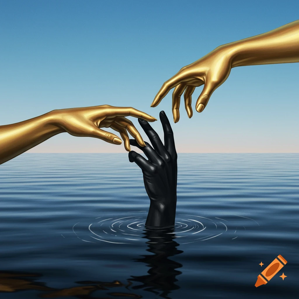 Two golden hands reach down towards a black hand emerging from dark water under a blue sky, in a surreal artistic style.