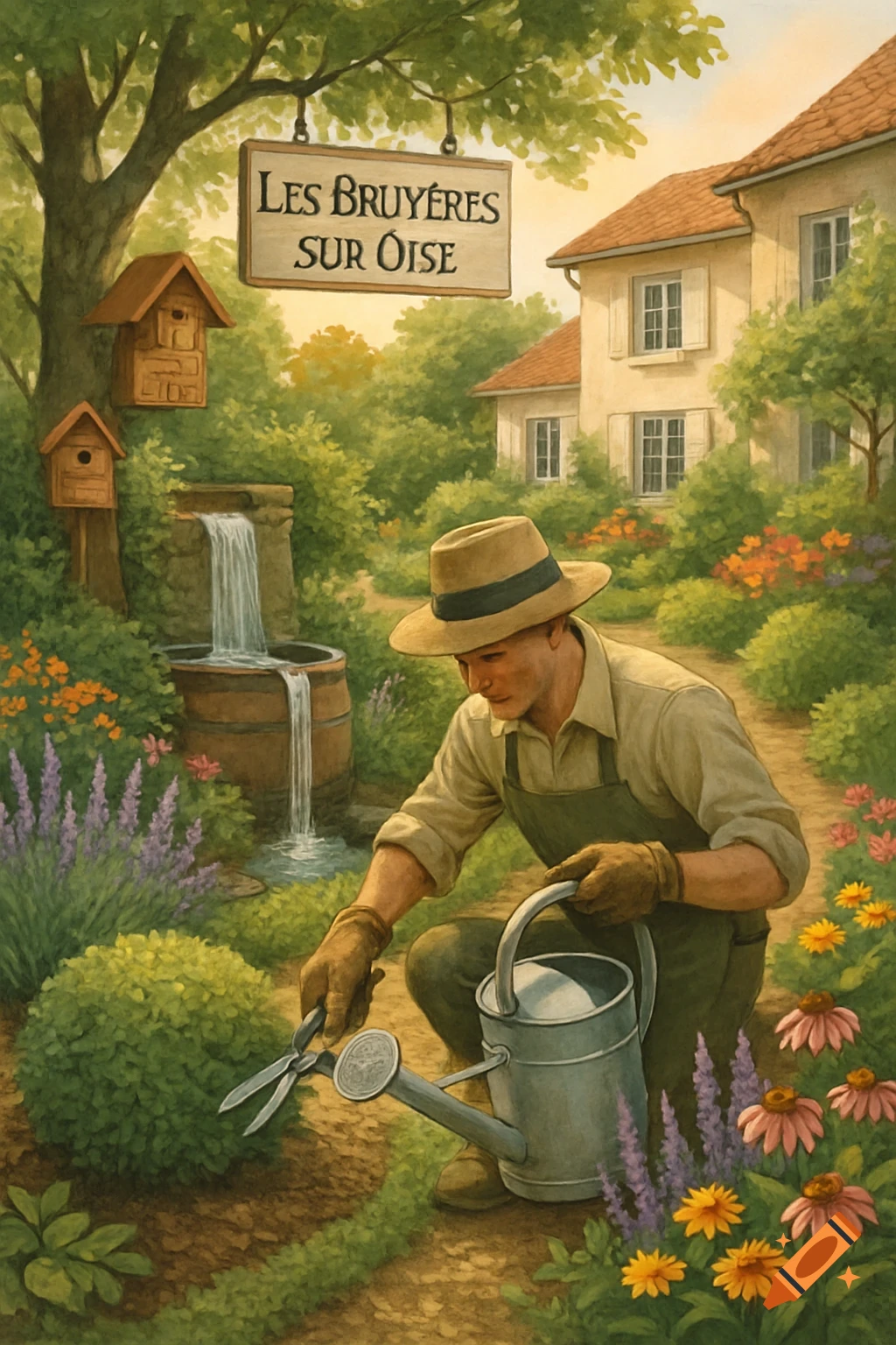 A man gardens in a lush, painterly landscape with a small waterfall, a house, and a sign that reads "LES BRUYERES SUR OISE".