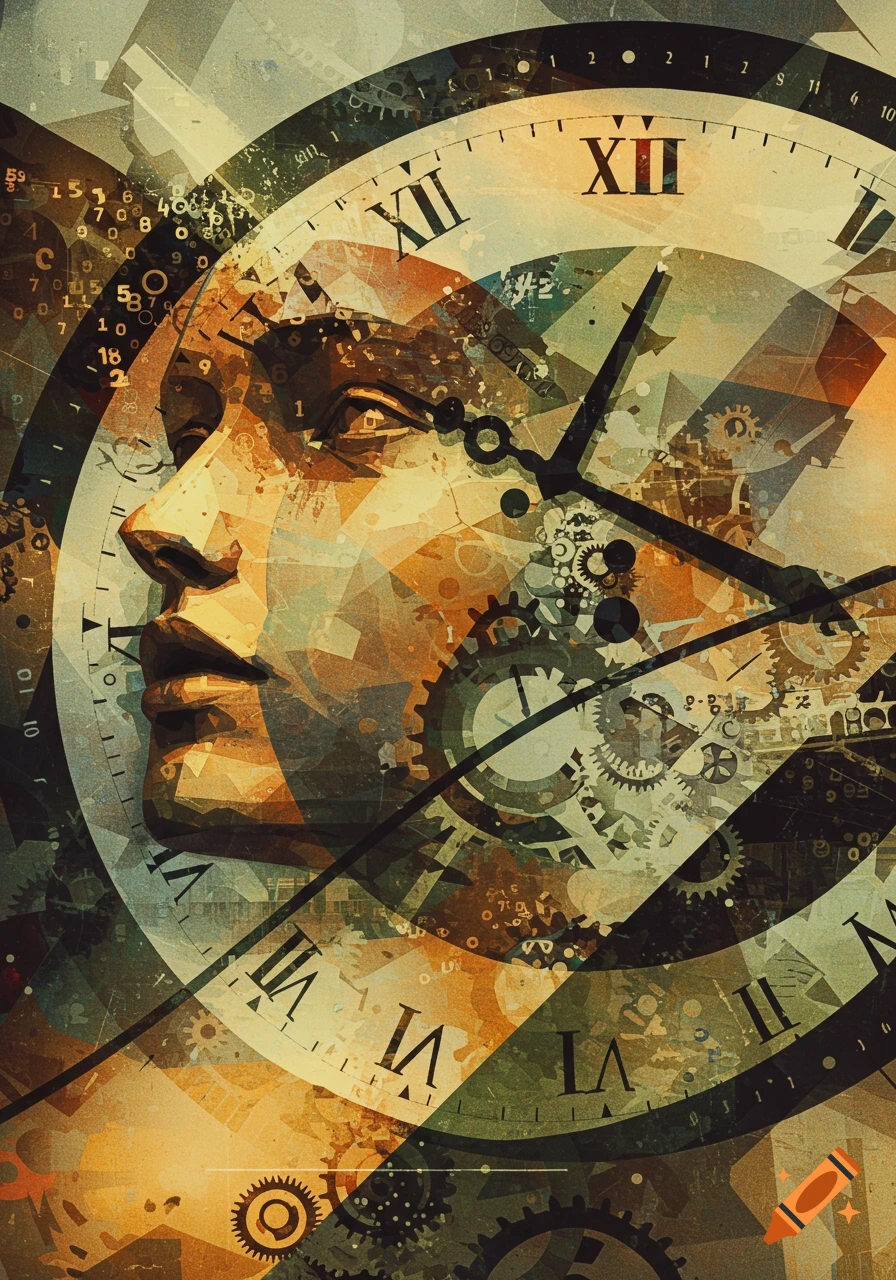 An analytical cubist artwork featuring a fragmented human face in profile, overlapping with gears and a distorted clock face with Roman and Arabic numerals, in warm earthy tones.