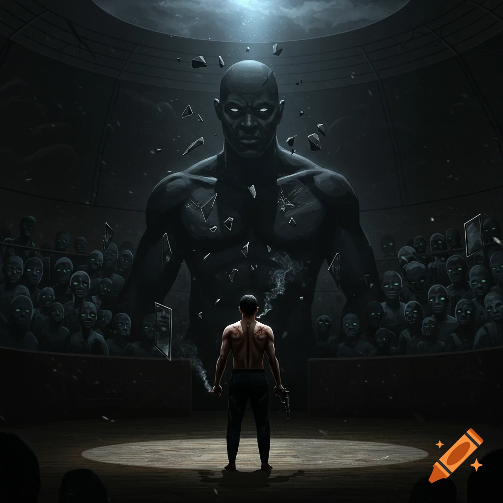 A scarred man with a smoking pistol faces his giant shadow self in a dark, atmospheric arena with ghostly observers.