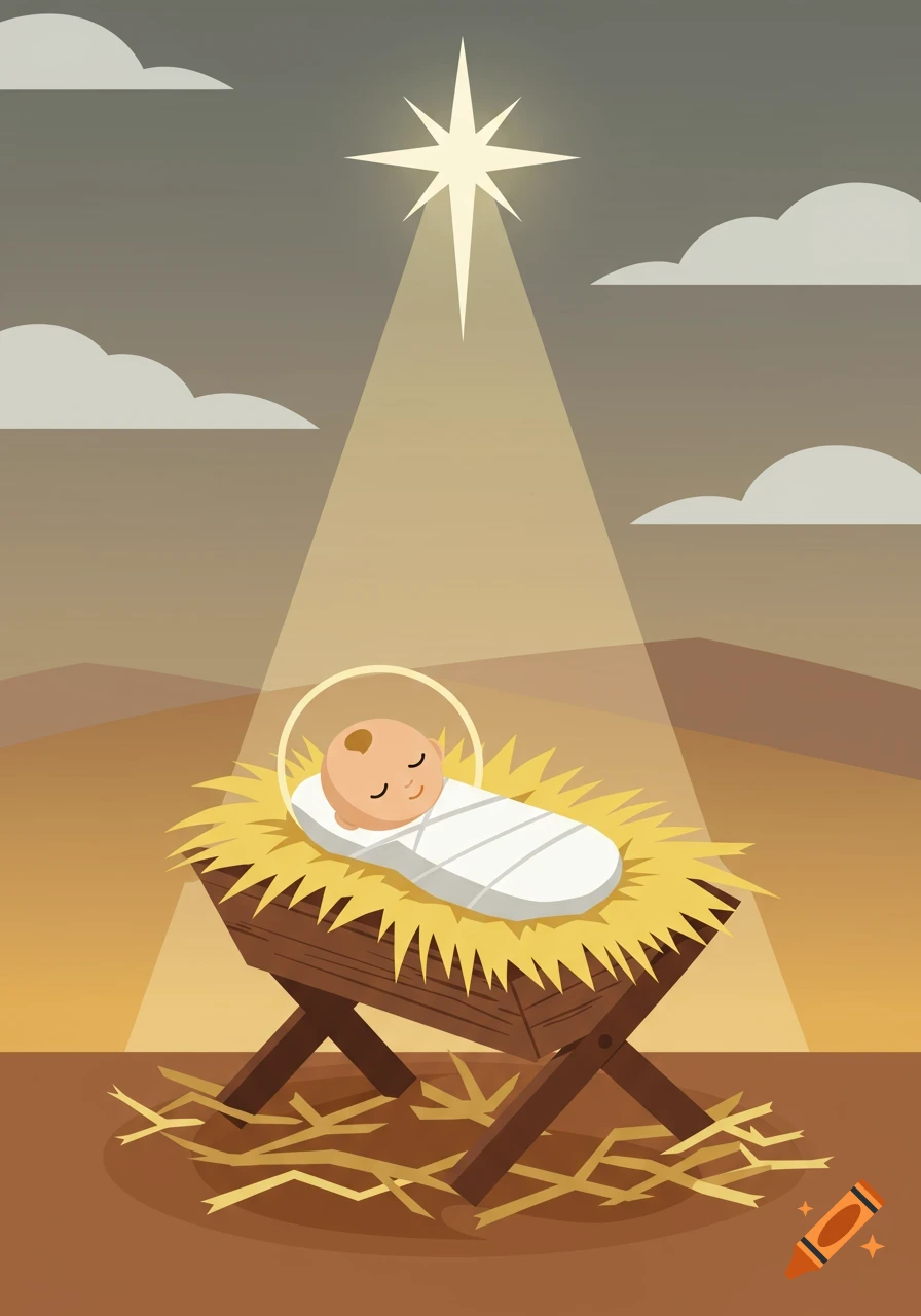Illustration of baby Jesus in a manger under a shining star in a desert setting.