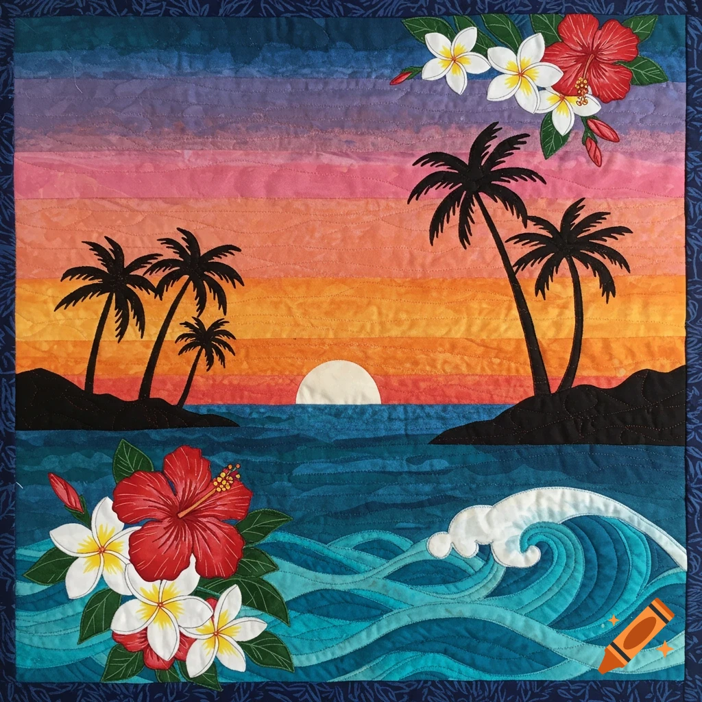 A square quilt artwork featuring a Hawaiian sunset over the ocean with silhouetted palm trees, crashing waves, and tropical flowers.