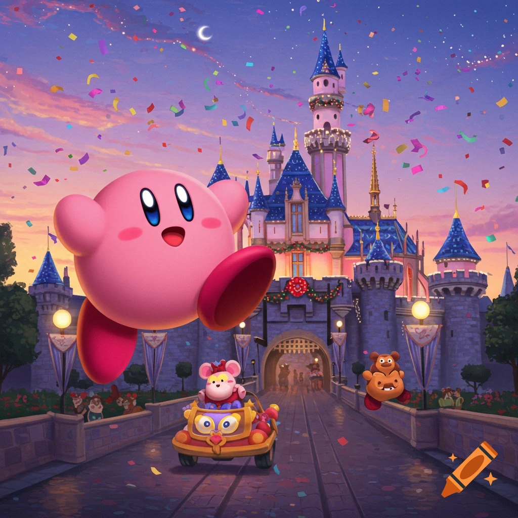 Large pink Kirby floats over a bridge towards a colorful Disney-like castle as confetti falls, with other Kirby characters nearby.