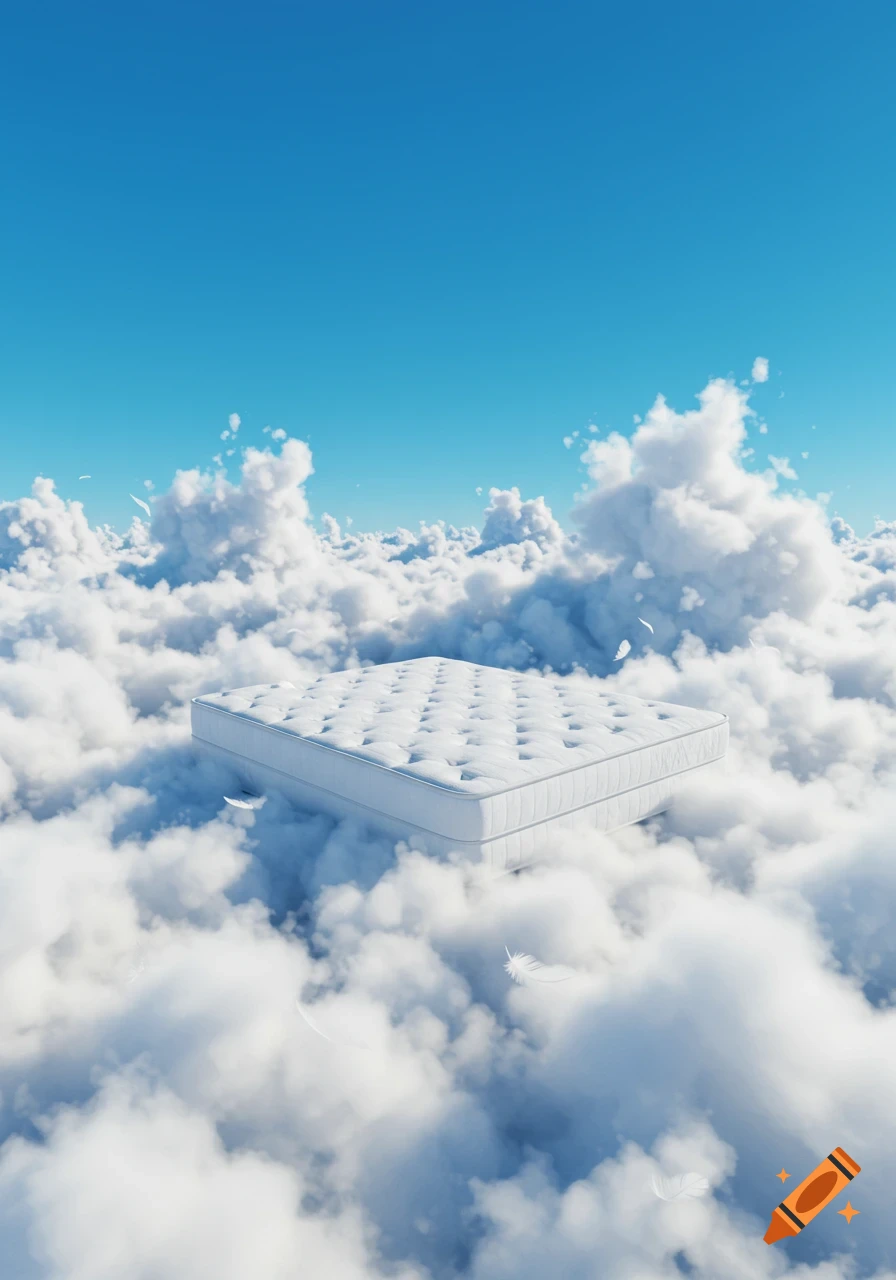 A white king-size mattress floats among fluffy white clouds under a clear blue sky, depicted in a photorealistic style.