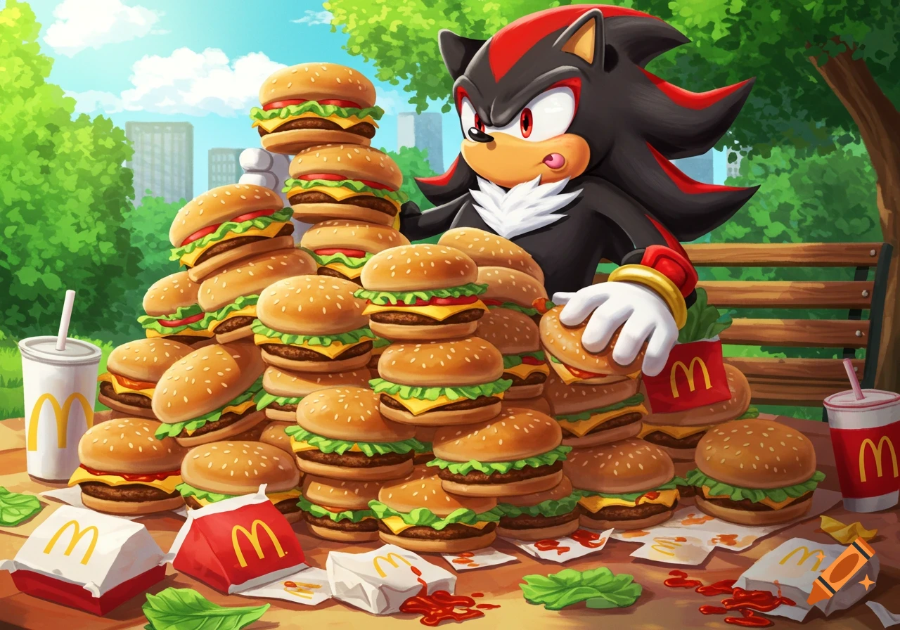 Shadow the Hedgehog sits surrounded by an enormous pile of McDonald's burgers in a park, holding one and licking his lips in a cartoon style.
