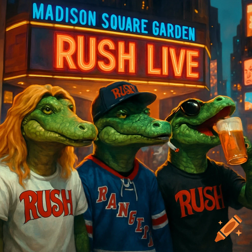 Three anthropomorphic alligators dressed as concert-goers in front of a Madison Square Garden marquee advertising 'Rush LIVE'.