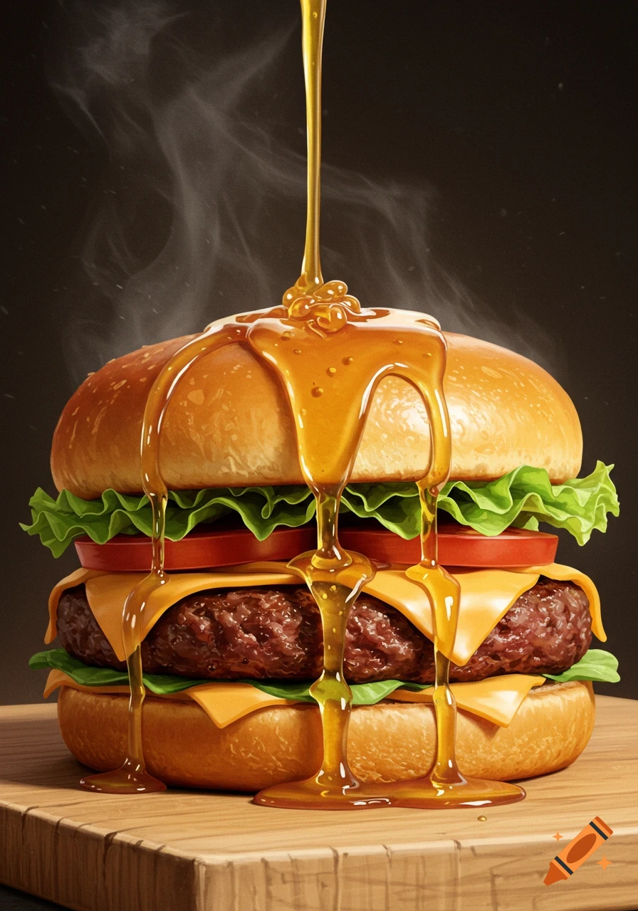 A close-up, photorealistic image of a cheeseburger stacked with lettuce and tomatoes, drenched in a thick stream of honey.