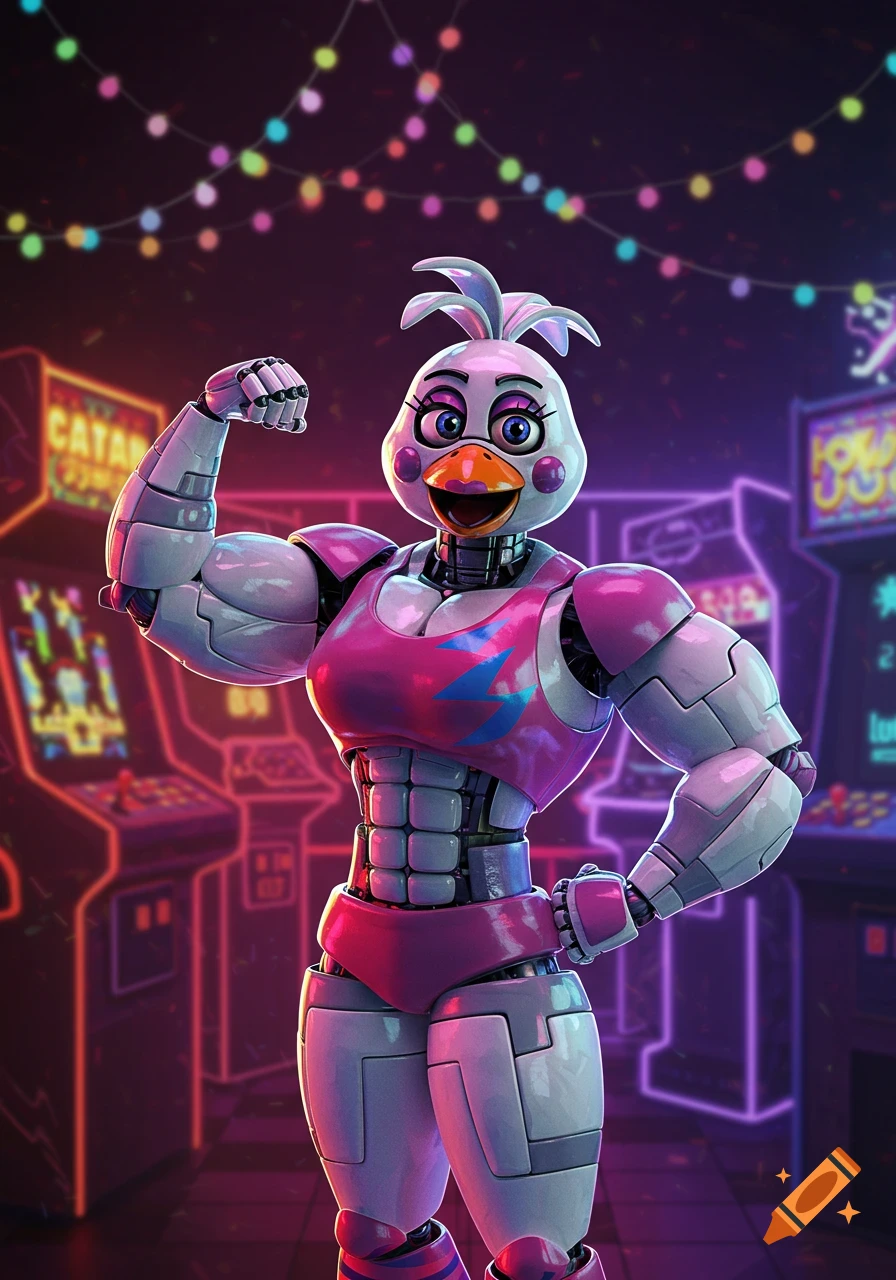 Muscular Funtime Chica, a white and pink robot chicken, flexes her arms in a neon-lit arcade.