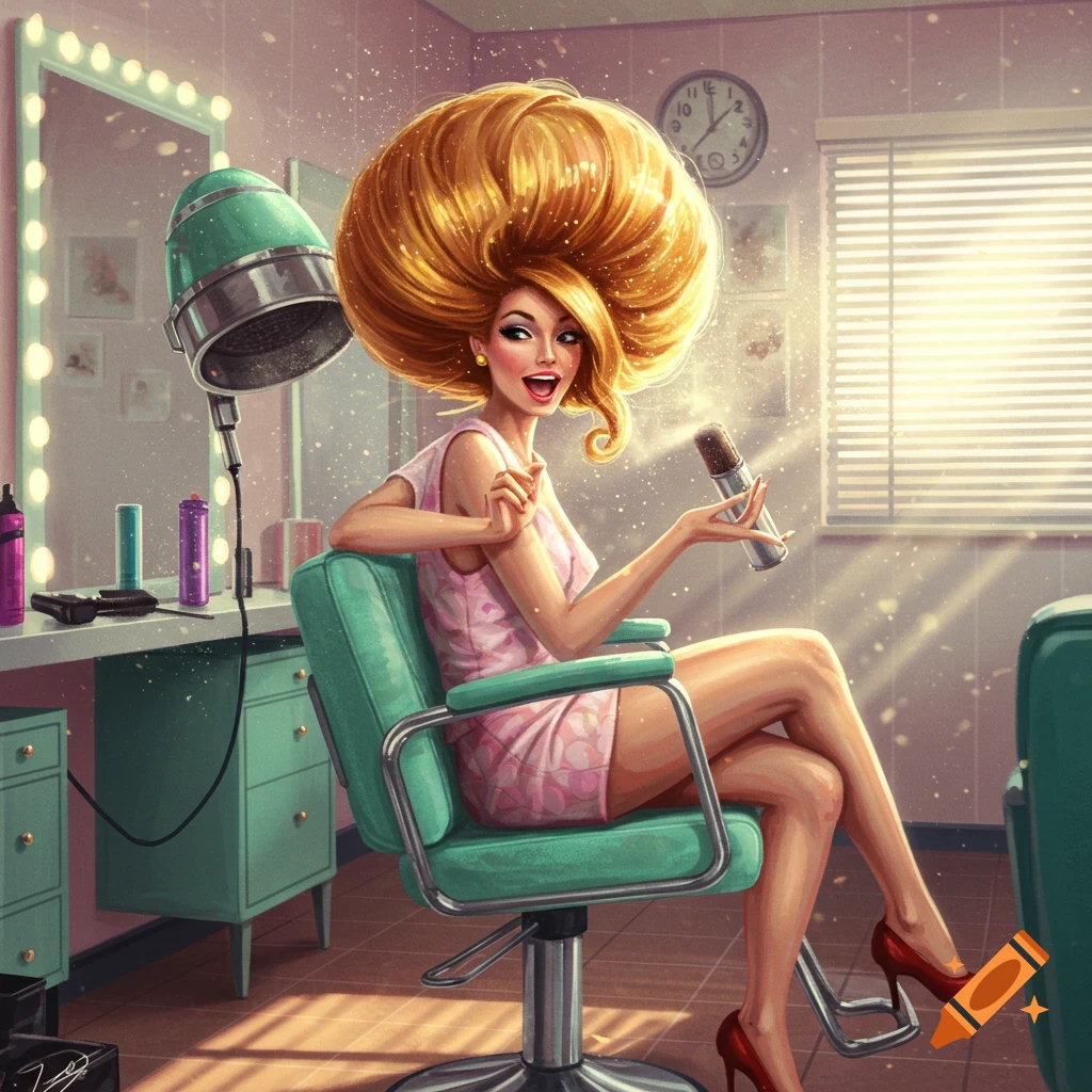 A smiling woman with extremely voluminous blonde hair sits in a stylized hair salon chair, holding a hairspray can.