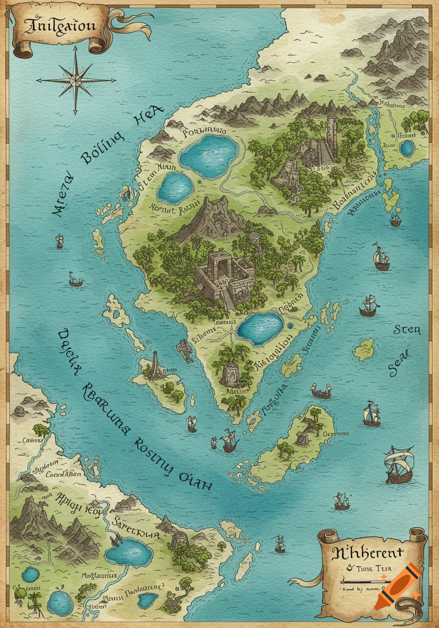 A detailed, hand-drawn fantasy world map in an antique style, featuring islands, seas, mountains, forests, and ancient structures.