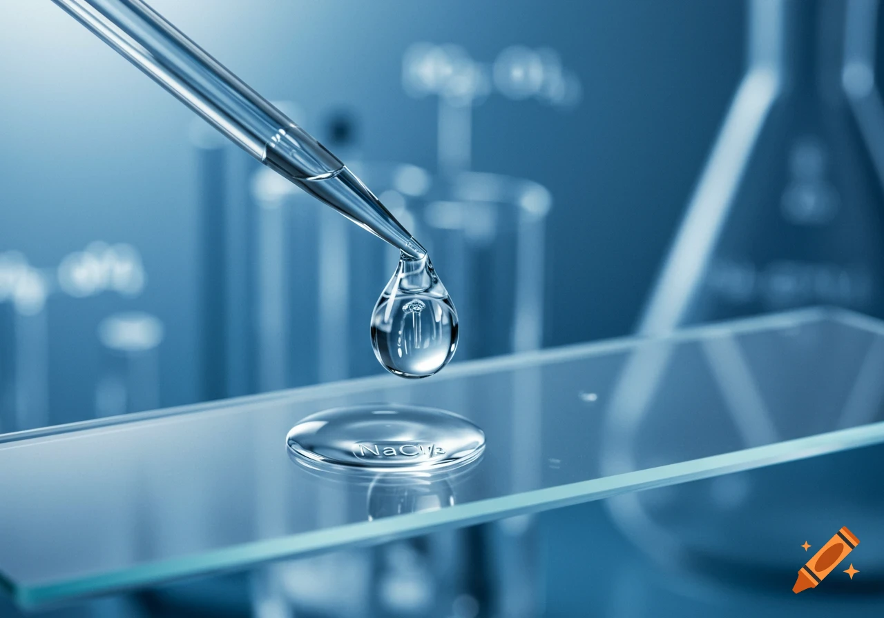 A close-up, photorealistic shot of a pipette dripping a clear liquid onto a glass microscope slide in a blue-toned laboratory setting.