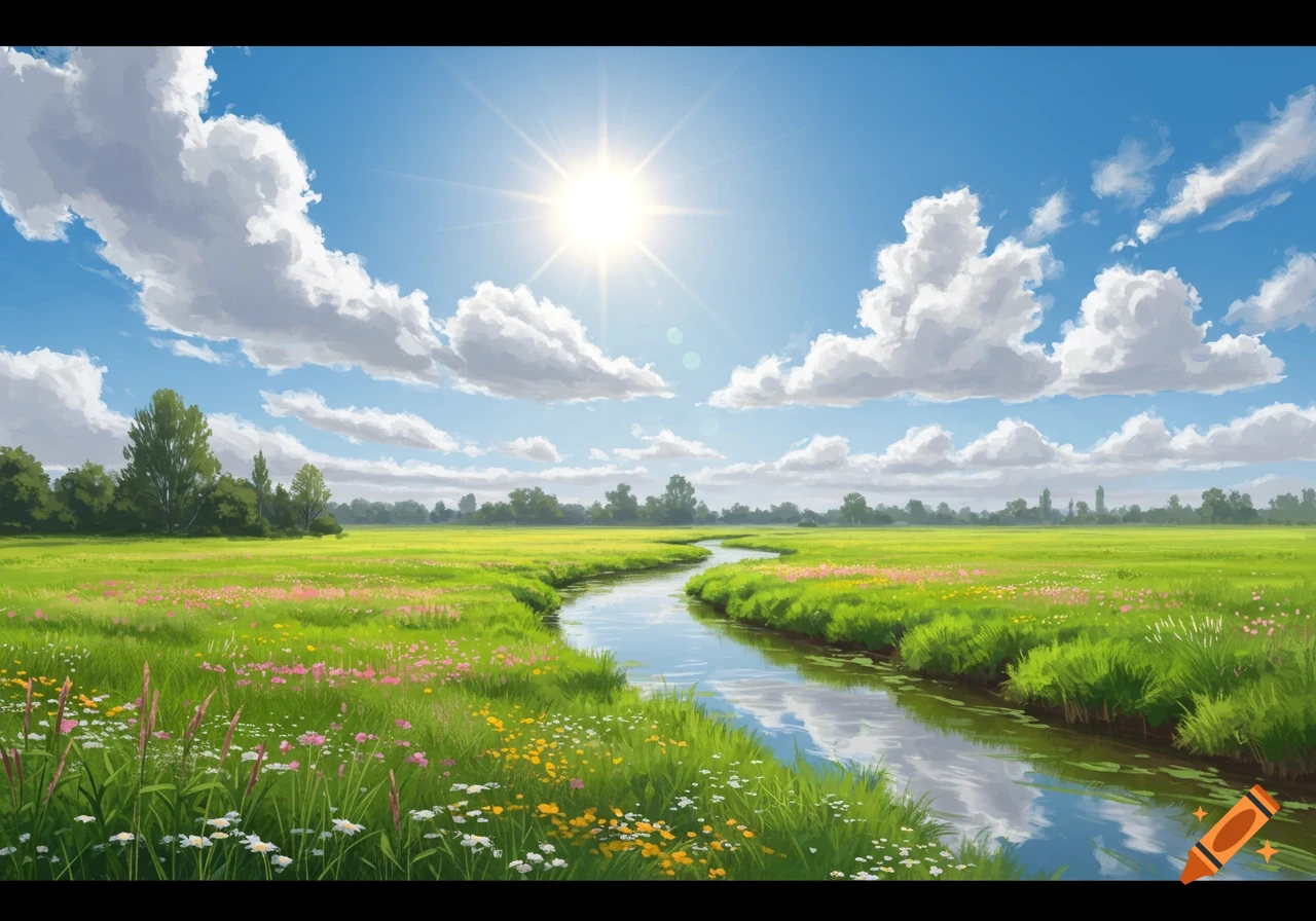 Vibrant, stylized painting of a winding river through a lush green meadow with wildflowers under a sunny blue sky with white clouds.