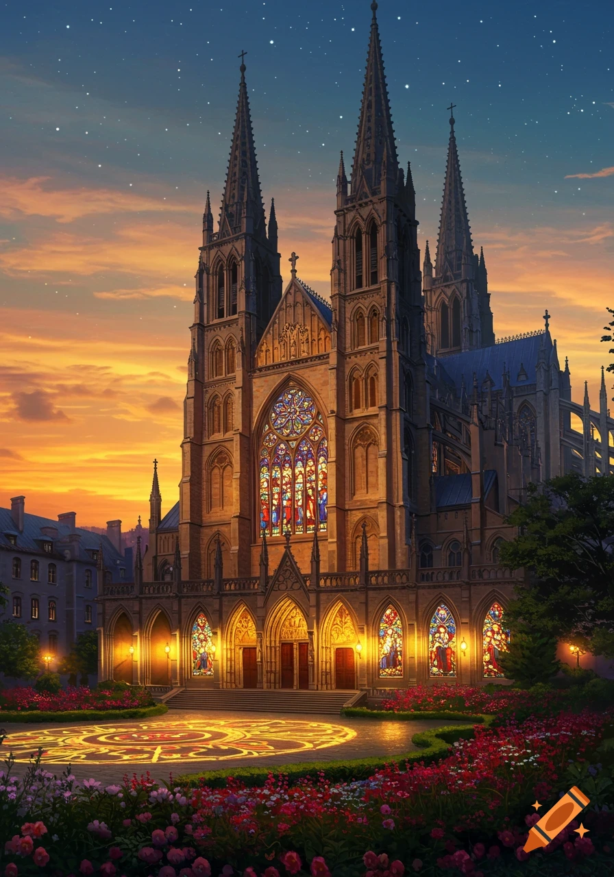 A magnificent gothic church with glowing stained glass windows at twilight, surrounded by blooming gardens under a starry, orange-blue sky.