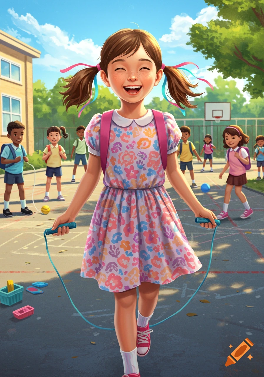 A cheerful girl with pigtails and a floral dress jumps rope on a sunny school playground, with other children and a school building in the background.