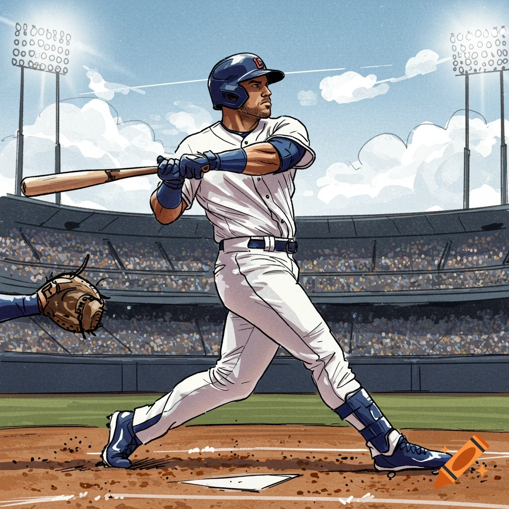 A sketch-like illustration of a baseball player in a white and blue uniform, holding a bat, mid-swing on a baseball field with a stadium full of spectators in the background.