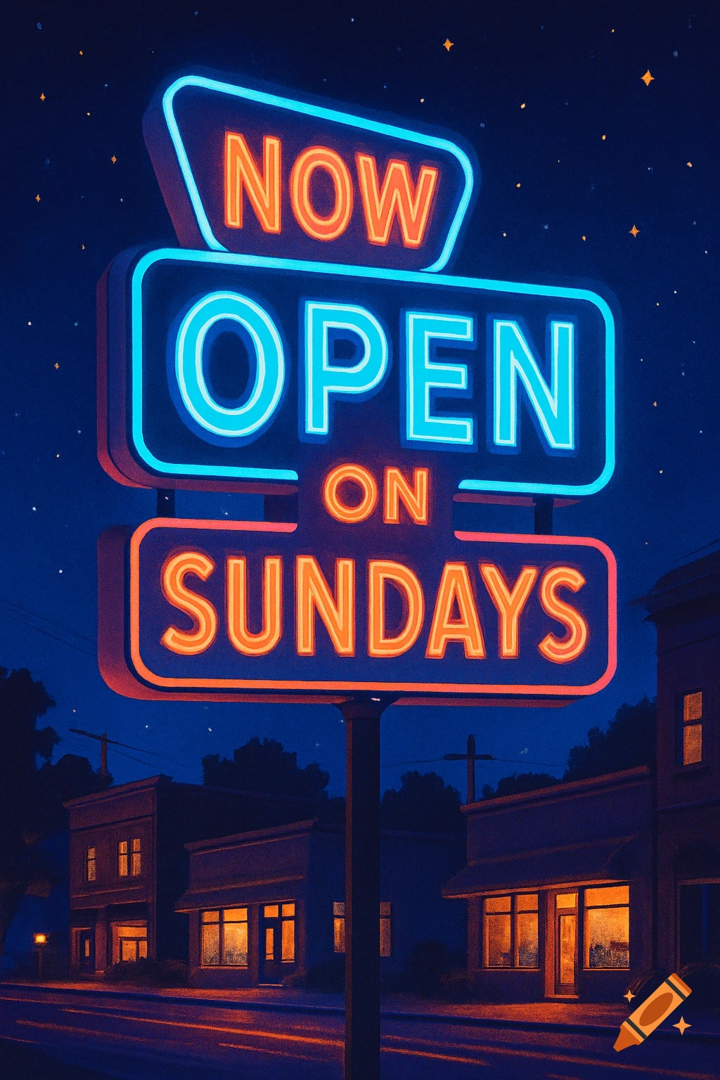 A vibrant neon sign glows blue and orange against a dark night sky, reading 'NOW OPEN ON SUNDAYS' above a street with buildings.
