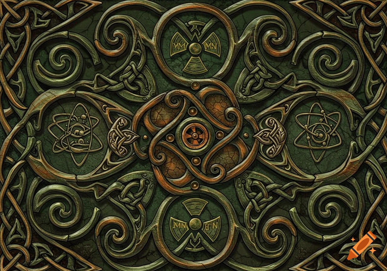 Intricate Celtic knotwork in shades of green and bronze, with intertwined patterns and subtle symbols including atomic structures and stylized letters.