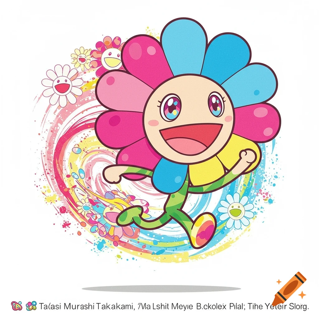 A colorful, cartoon-style Takashi Murakami flower character with a smiling face, running amidst a splash of rainbow colors.
