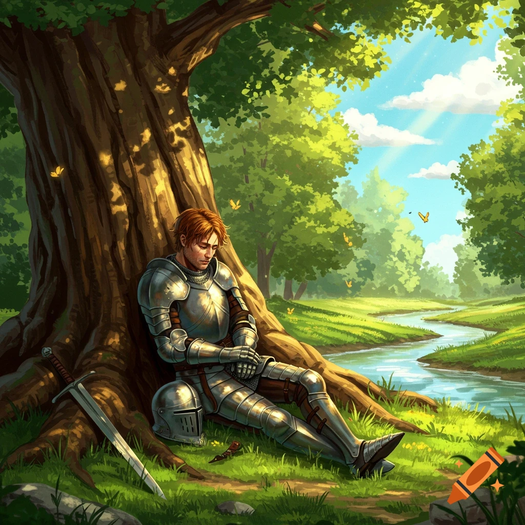 Painting of a knight in armor resting against a large tree in a green forest by a river on a sunny day.