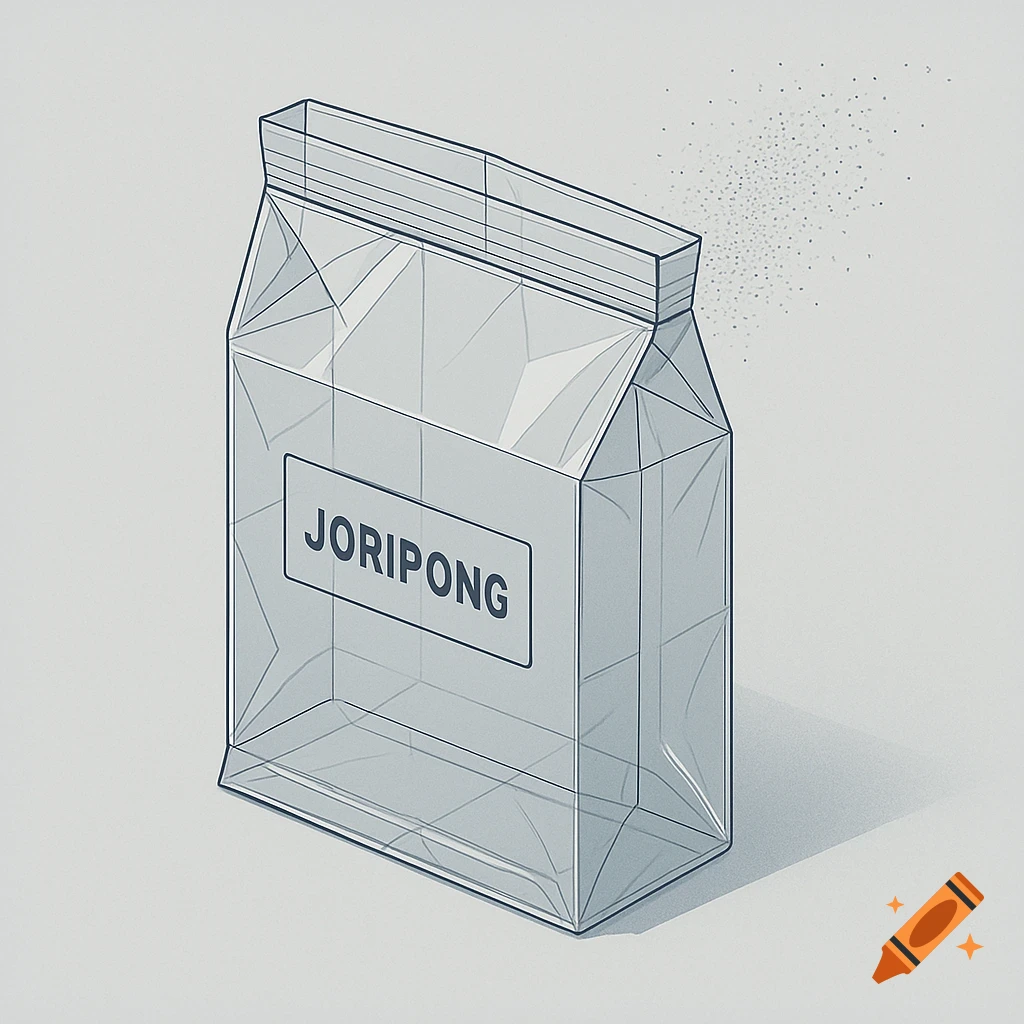 A third-angle orthographic projection of a translucent plastic bag labeled "JORIPONG", with small dots indicating scent.