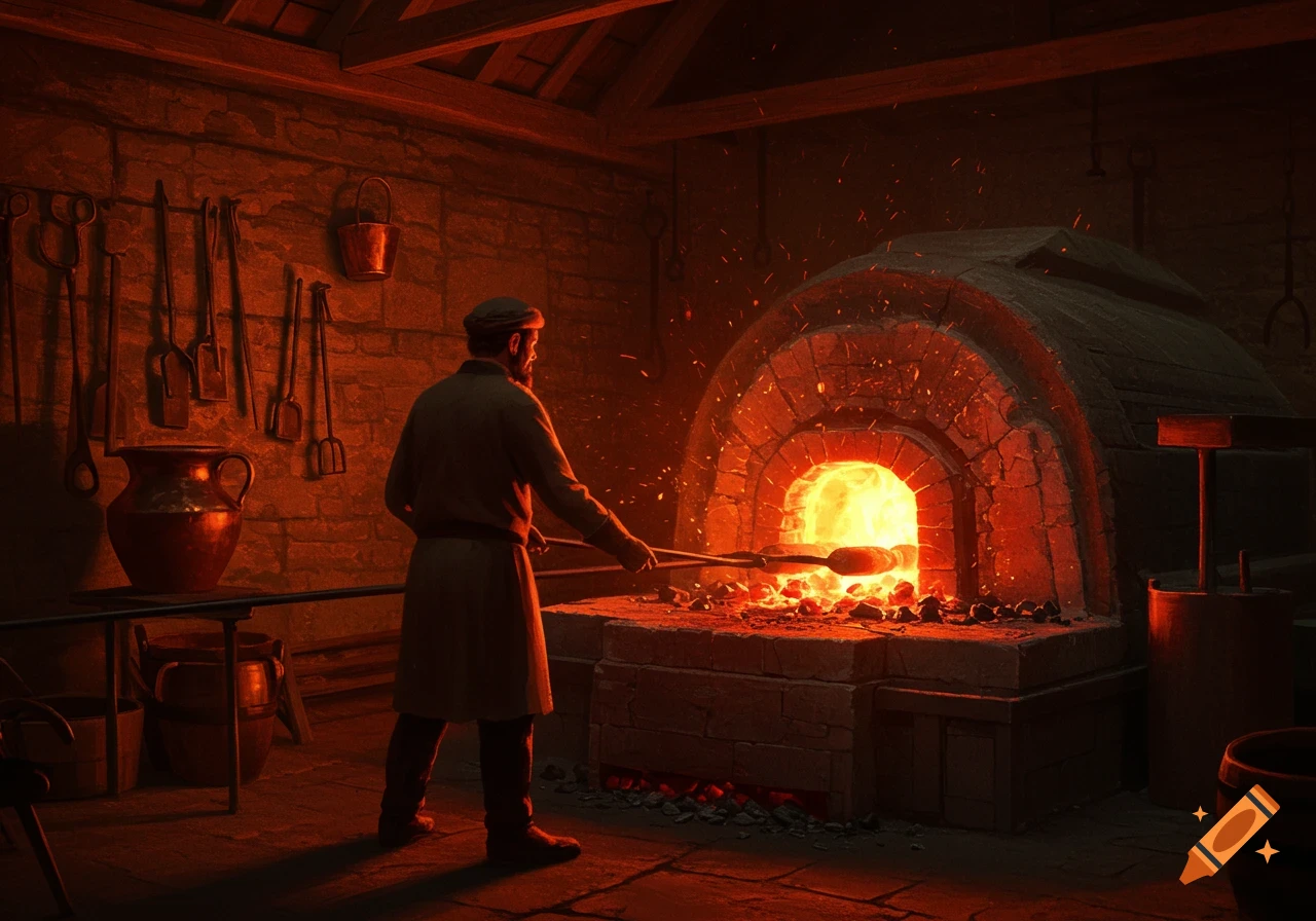 A blacksmith works at a glowing brick furnace, holding tongs with a hot metal piece. Sparks fly in the dimly lit, rustic workshop with tools on stone walls.