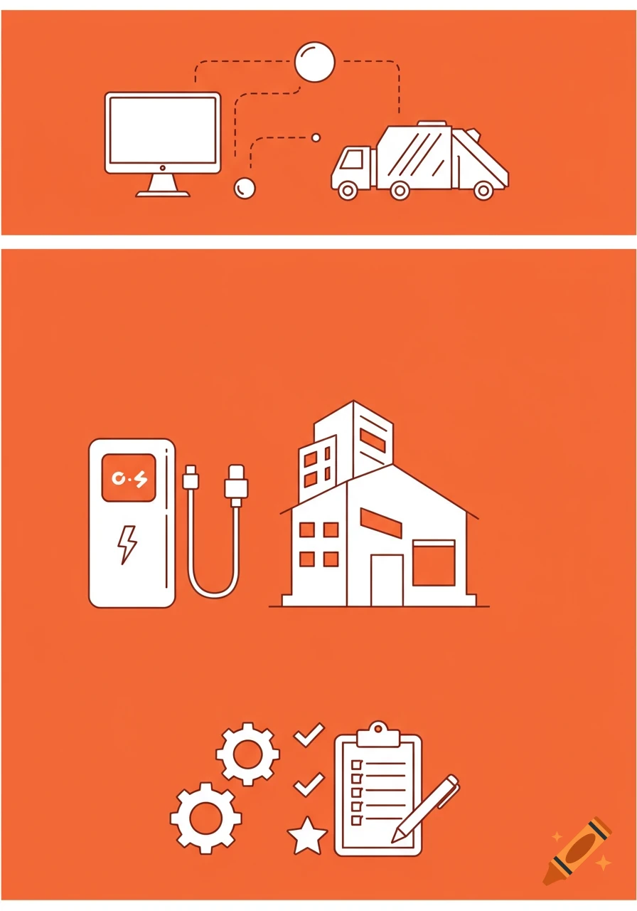 Minimalist white line art pictograms on an orange background, showing a computer, garbage truck, charging station, building, gears, and a checklist.